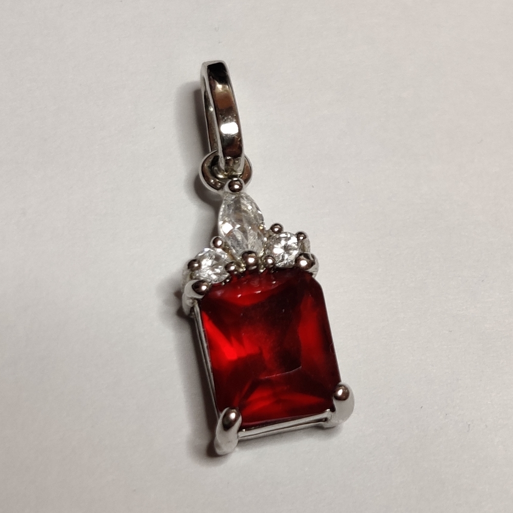 Sterling Silver 925 Rhodium Plated Ruby Glass Pendant
